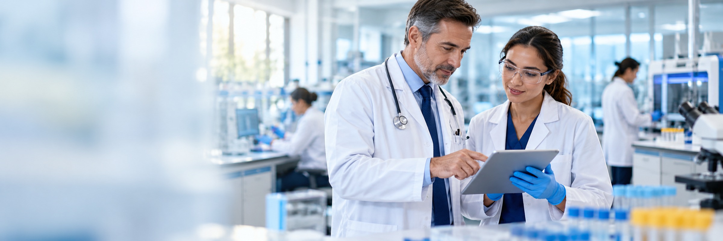 A physician reviewing lab results on a tablet with a lab scientist