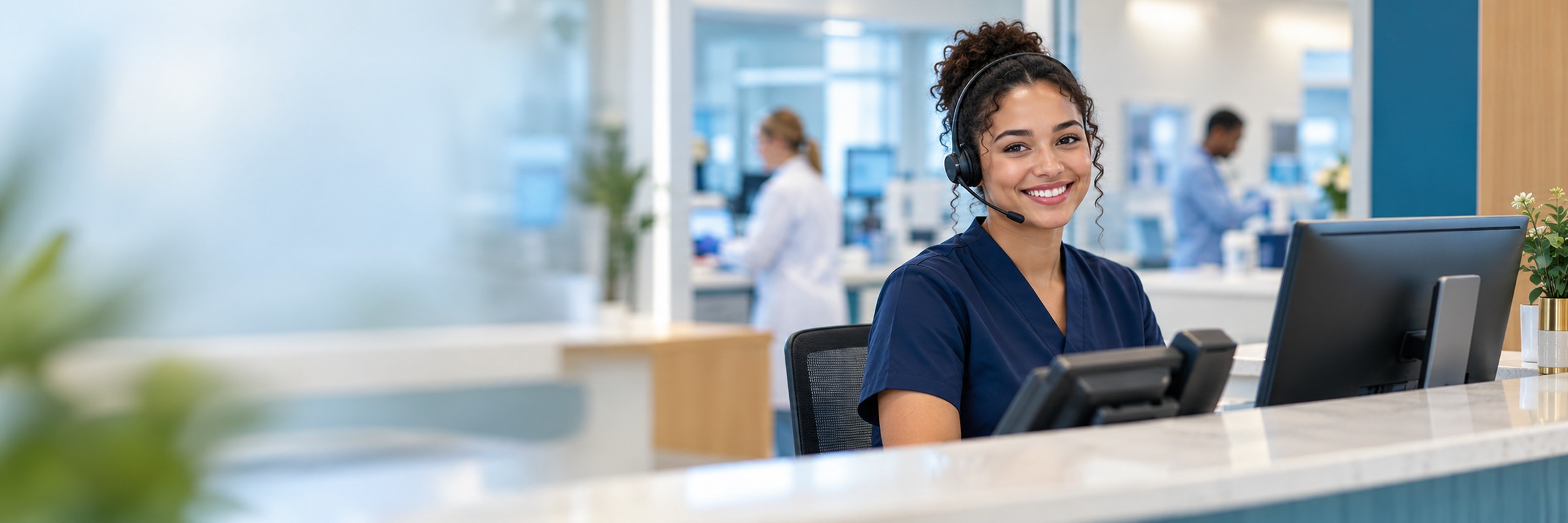 A smiling receptionist with a headset at the laboratory front desk