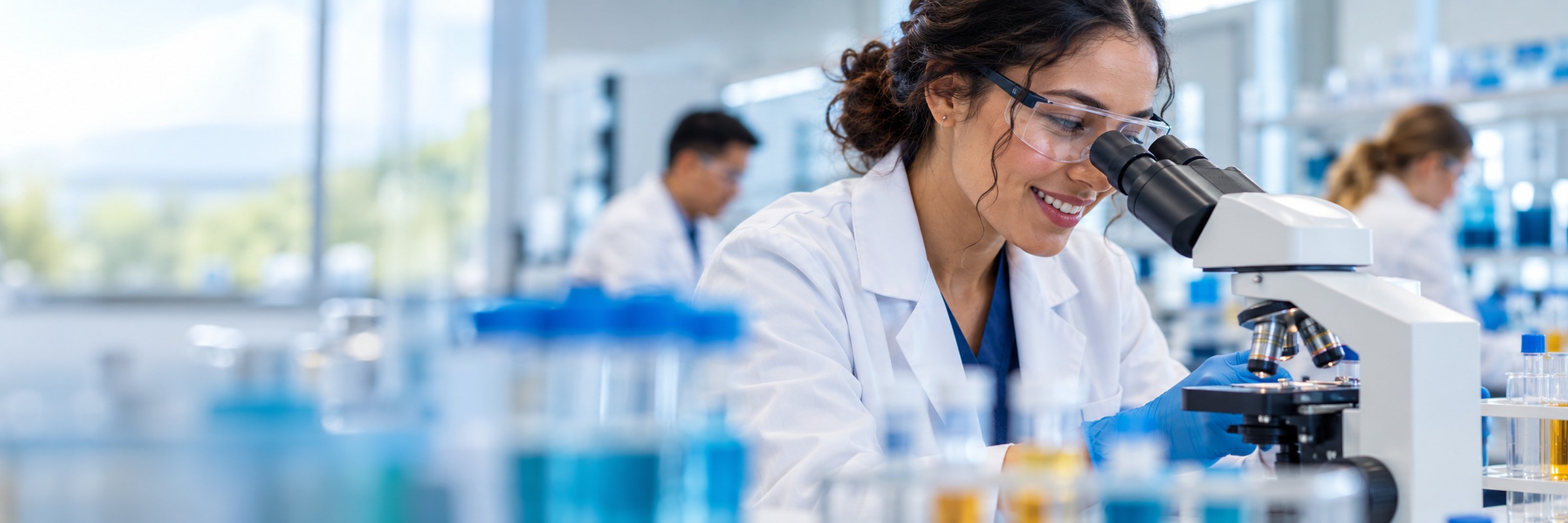 A laboratory scientist smiling at a microscope in a bright lab