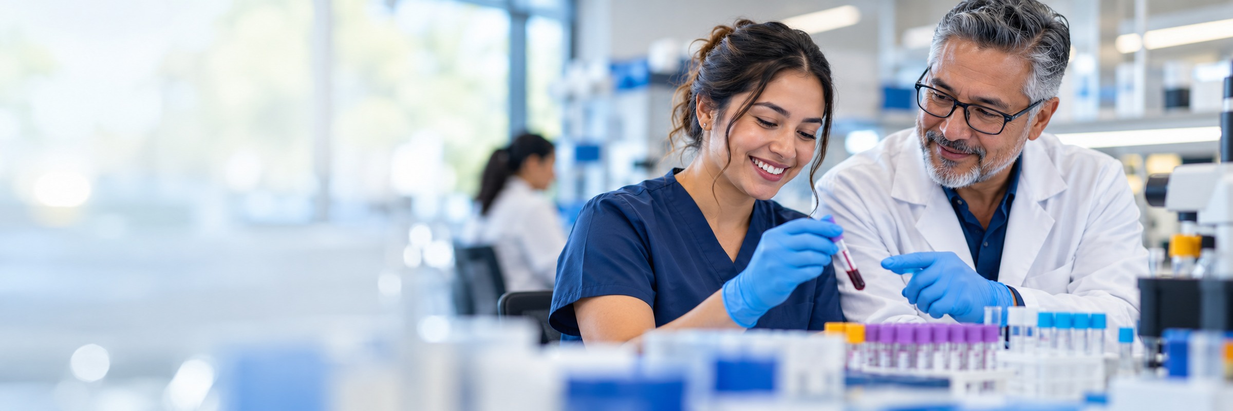 A phlebotomist and a senior lab scientist working side by side