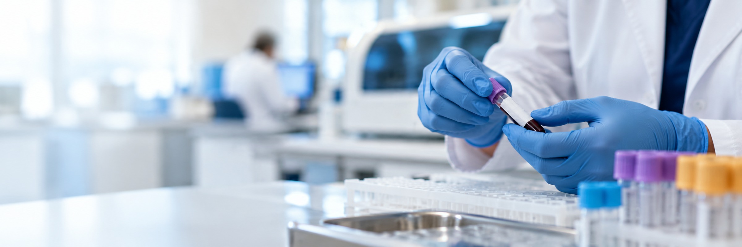 Gloved hands labelling a sample tube