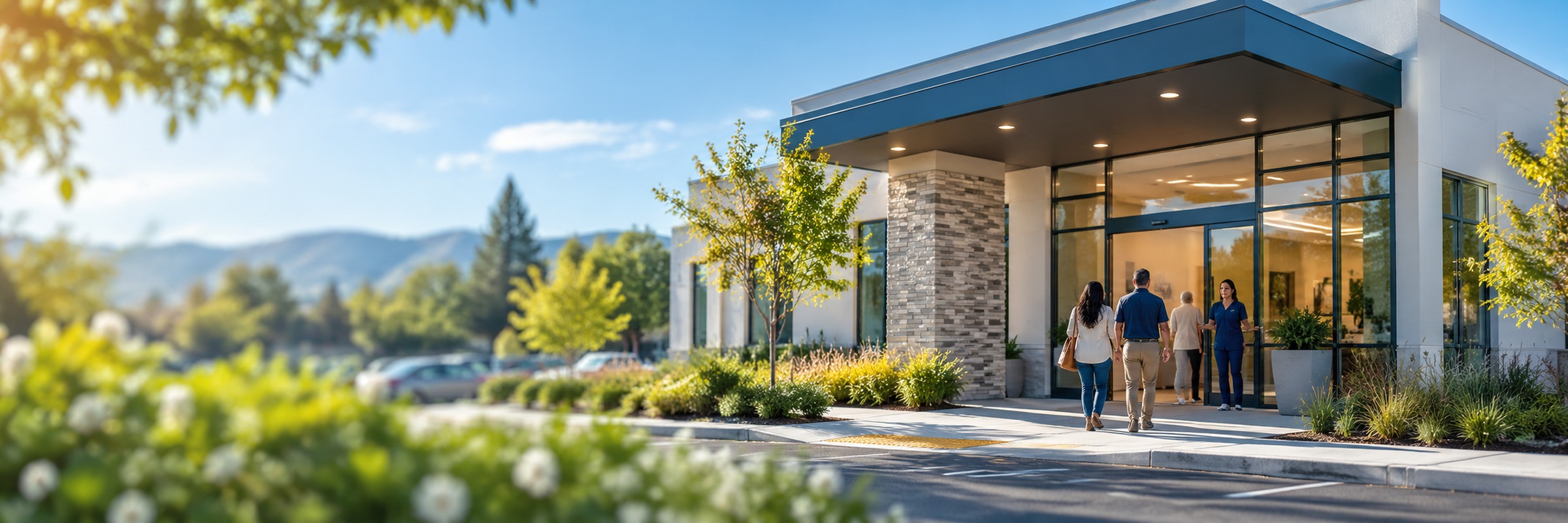 A welcoming patient service center on a sunny day
