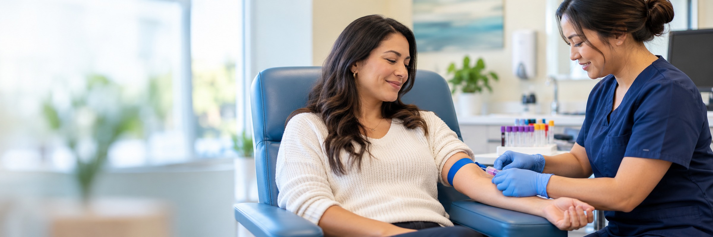A phlebotomist gently preparing a patient for a blood draw