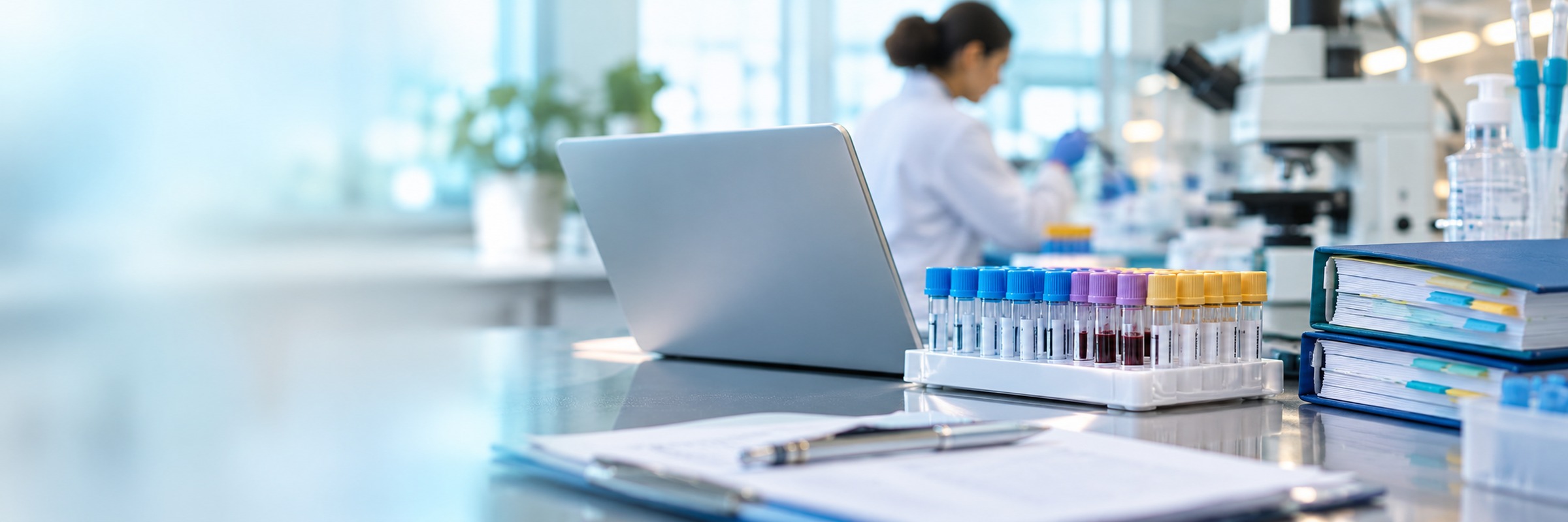 A lab workspace with a laptop, binders and sample tubes