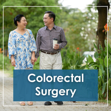 colorectal surgery info button; older man and women walking