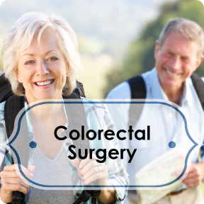 colorectal surgery info button; older man and women hiking