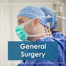 general surgery info button; female surgeon in scrubs