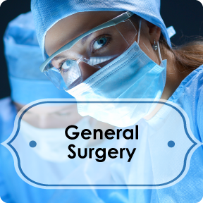 general surgery info button; female surgeon in scrubs